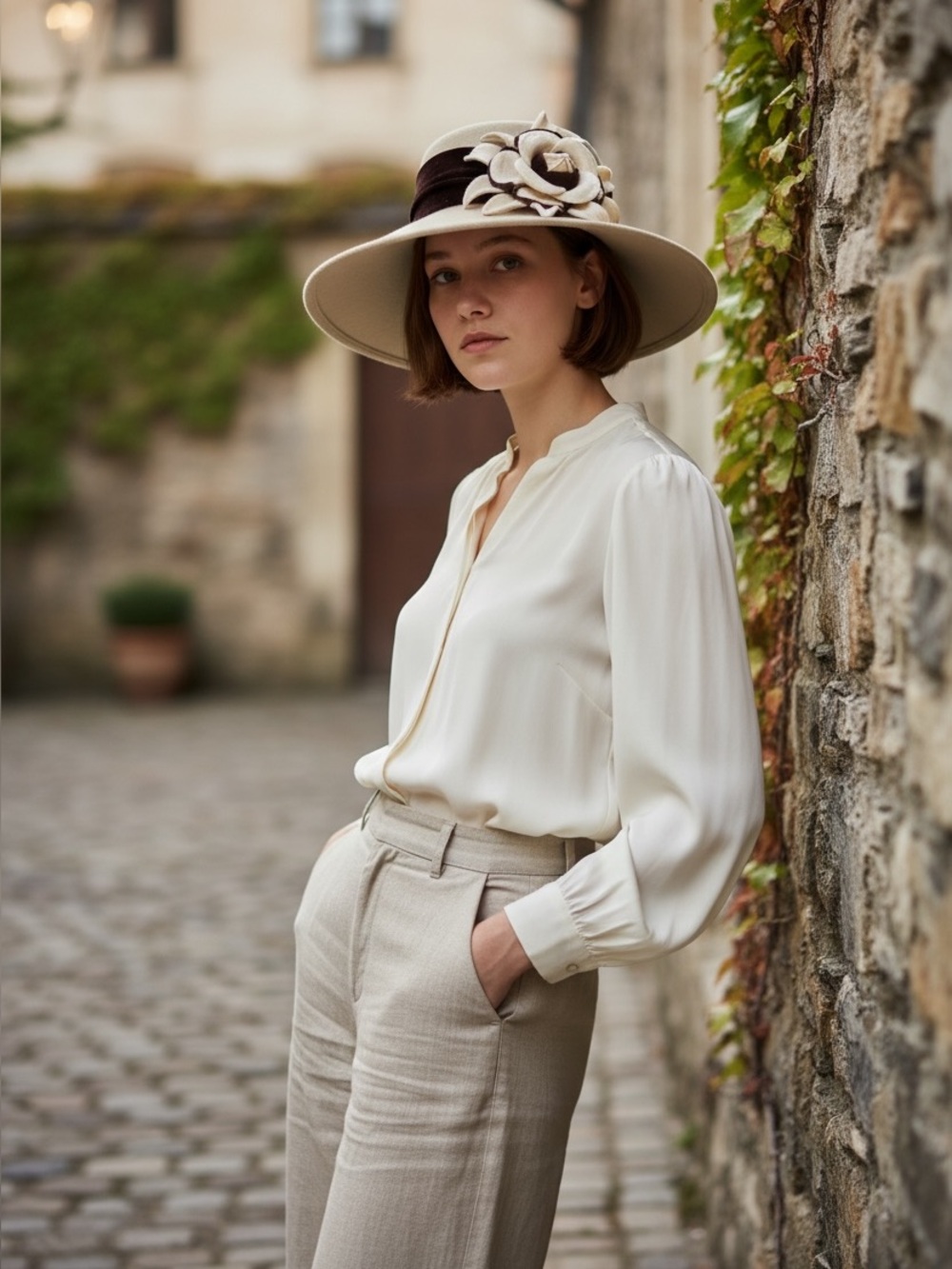 Kathy Jeanné Cream Wide-Brim Felt Hat with Dark Brown Band and Floral Accent